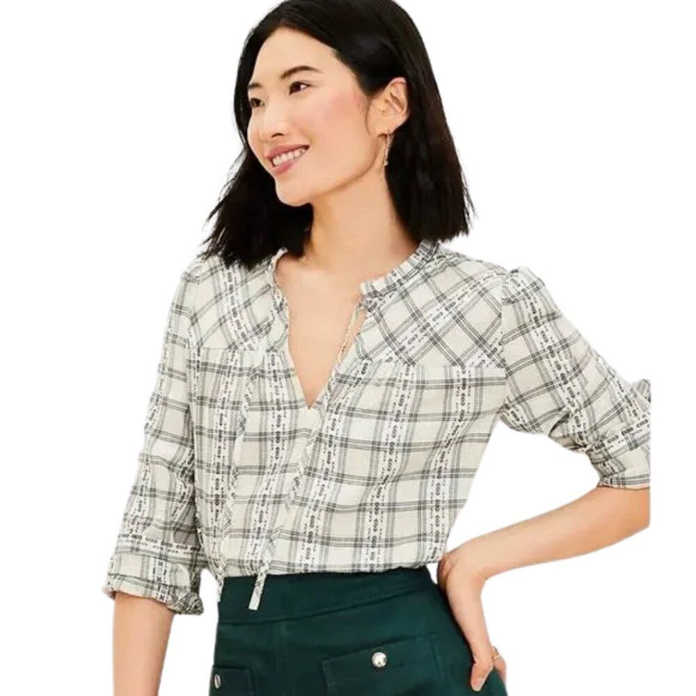 Loft Plaid Ruffle Tie Neck Long Sleeve Blouse Tan and Black Small